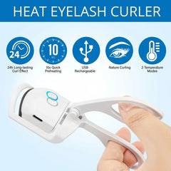 White heated eyelash curler held in hand, with 5 feature icons above for 24h curl, 10s preheat, USB charge, natural curl, 2 temp modes