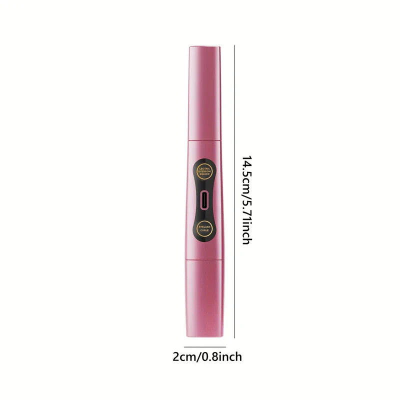 Pink eyelash curler comb pen shown from front with 14.5cm height and 2cm width measurements, labeled 'electric eyebrow shaver' and 'eyelash curler'