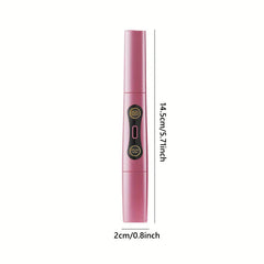 Pink eyelash curler comb pen shown from front with 14.5cm height and 2cm width measurements, labeled 'electric eyebrow shaver' and 'eyelash curler'