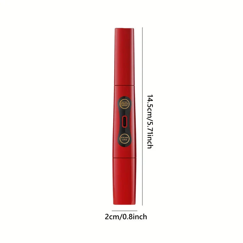 Red eyelash curler comb pen shown from front with 14.5cm height and 2cm width measurements, labeled 'electric eyebrow shaver' and 'eyelash curler'