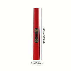 Red eyelash curler comb pen shown from front with 14.5cm height and 2cm width measurements, labeled 'electric eyebrow shaver' and 'eyelash curler'