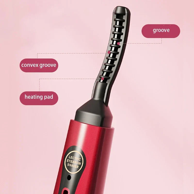 Close-up of red eyelash curler comb head, with labels for groove, convex groove, and heating pad