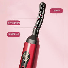 Close-up of red eyelash curler comb head, with labels for groove, convex groove, and heating pad