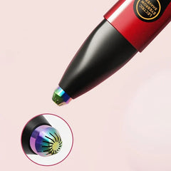 Close-up of a red and black handheld device with a slotted iridescent tip, marked 'LECTRIC EYEBROW SHAVER', alongside an eyelash curler comb tip detail.