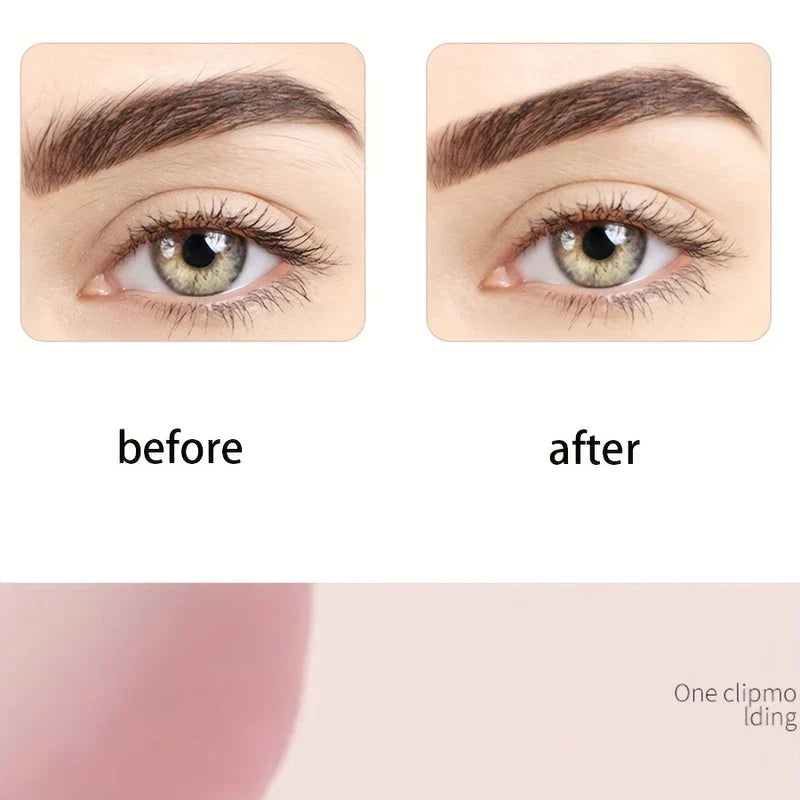 Side-by-side before and after photos of an eye with groomed eyebrows, with an eyelash curler comb implied for lash styling.