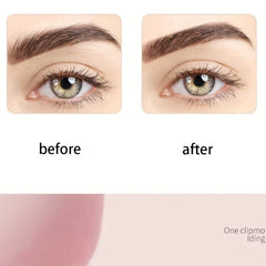 Side-by-side before and after photos of an eye with groomed eyebrows, with an eyelash curler comb implied for lash styling.