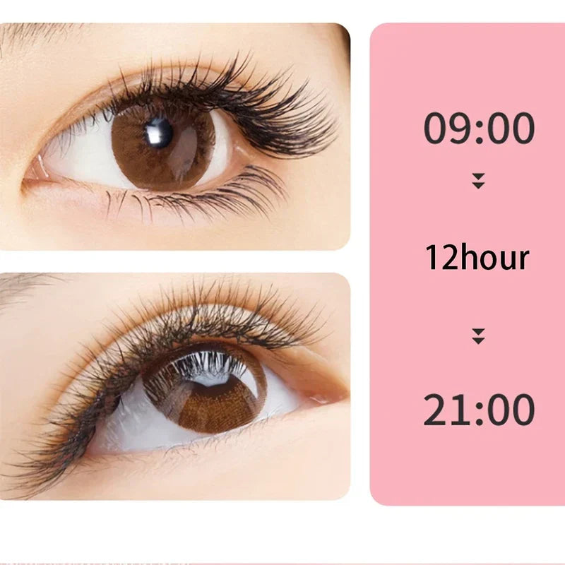wimpernzange mit kamm - Zwei Fotos eines braunen Auges mit gebogenen Wimpern, 9:00 Uhr vs. 9:00 Uhr 12-Stunden-Vergleich, der den Halt der Wimpernzange mit Kamm demonstriert