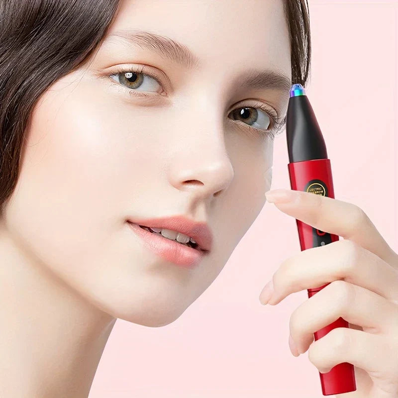 Woman holding a red and black eyelash curler comb near her face against a light pink background
