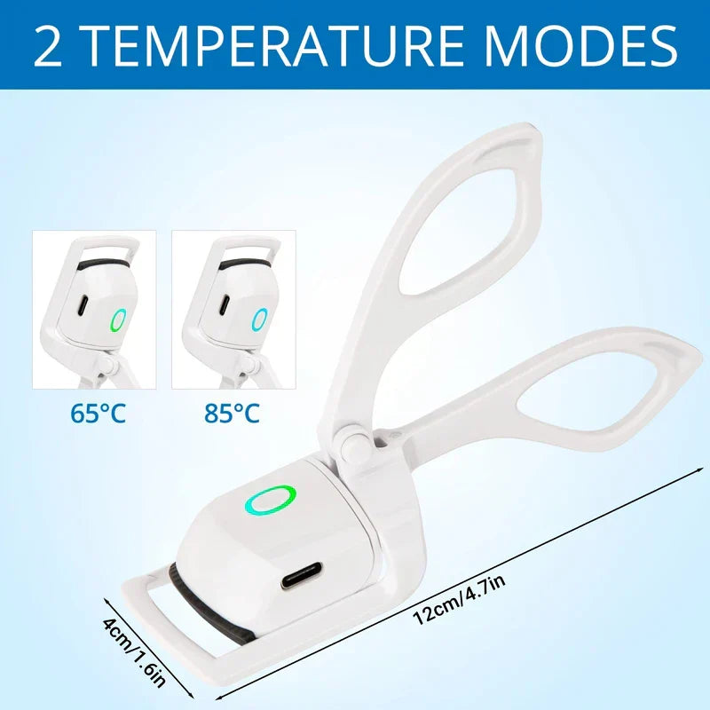 White heated eyelash curler with size dimensions, showing 65°C green light and 85°C blue light temperature modes