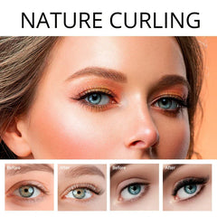Natural curling effect demonstration for eyelash curler, with before and after eye comparison photos