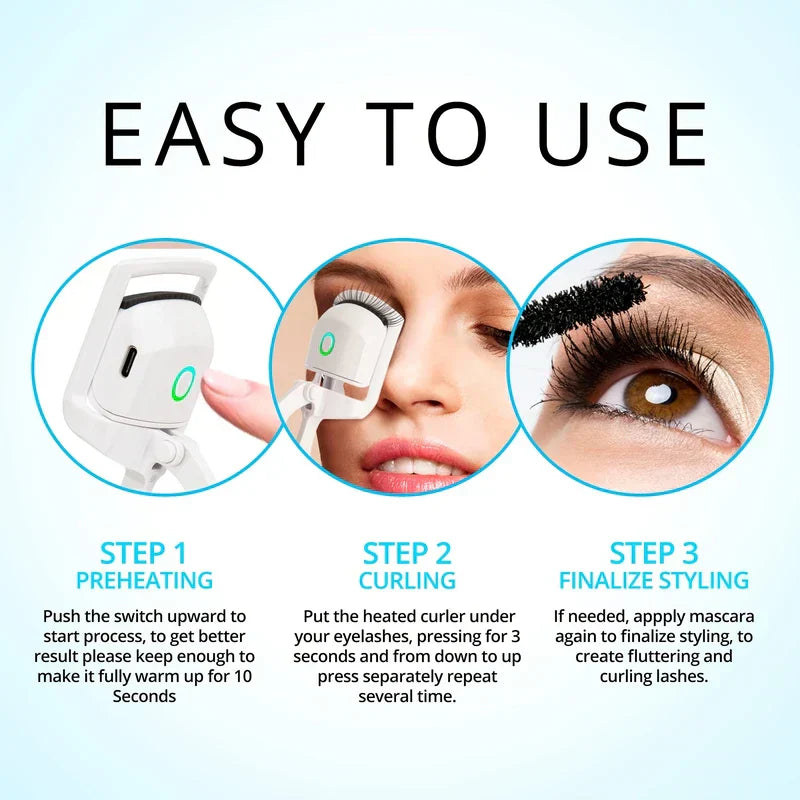 EASY TO USE infographic showing 3 step-by-step usage steps for an electric heated eyelash curler, with text and demonstration photos.