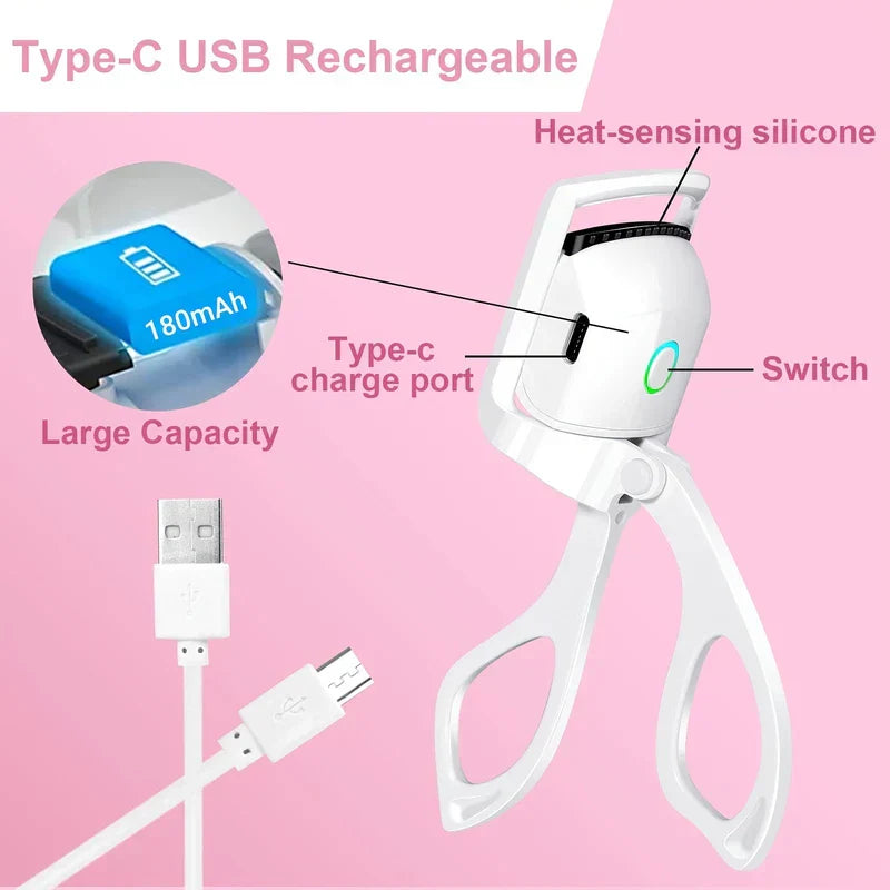 Type-C USB rechargeable heated eyelash curler with labeled parts: heat-sensing silicone, switch, Type-c charge port, 180mAh battery, and charging cable.