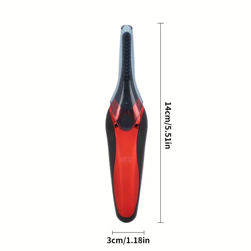Draufsicht auf roten und schwarzen elektrischen Wimpernformer mit den Maßen 14 cm / 5,51 Zoll Höhe und 3 cm / 1,18 Zoll Breite