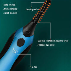 Blauer elektrischer Wimpernformer mit beschriftetem Anti-Verbrennungs-Kamm, Heizdraht, Rillenisolierung und LCD-Temperaturanzeige