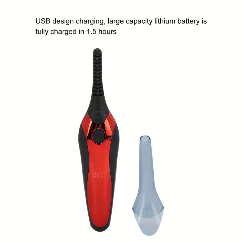 Roter und schwarzer beheizter Wimpernformer mit durchsichtiger Schutzkappe; Text weist auf USB-Ladung und 1,5 Stunden volle Ladung hin
