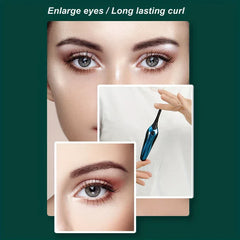 Collage mit gebogenen Wimpern und einem blauen beheizten Wimpernformer in einer Hand, mit Text über vergrößernde Augen und langanhaltende Wölbung