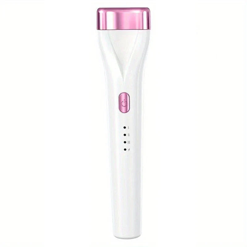 White and pink precision eyelash curler with power button and 4 indicator lights on a white background