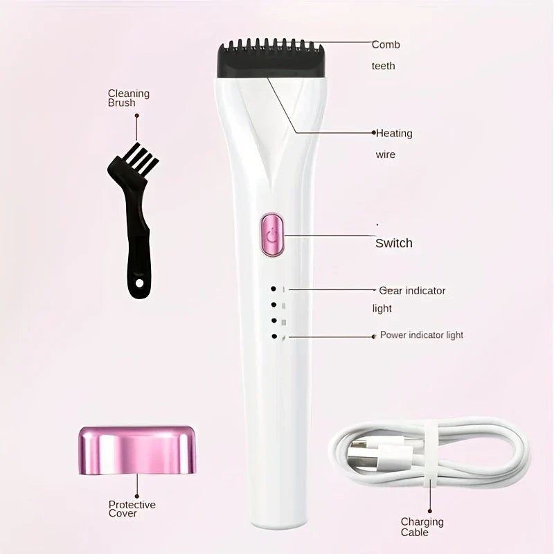 Labeled parts diagram of a precision eyelash curler with cleaning brush, protective cover, and charging cable