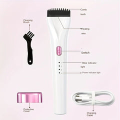 Labeled parts diagram of a precision eyelash curler with cleaning brush, protective cover, and charging cable