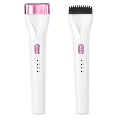 Pink and white precision eyelash curler shown from two angles: one with smooth tip, one with black comb attachment, front view with 4 indicator dots.