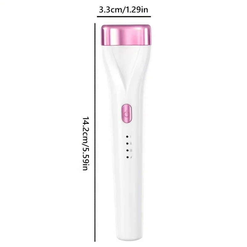 White and pink precision eyelash curler with dimension labels: 3.3cm/1.29in width, 14.2cm/5.59in length, front view.