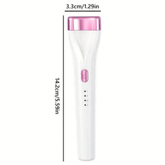 White and pink precision eyelash curler with dimension labels: 3.3cm/1.29in width, 14.2cm/5.59in length, front view.
