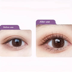 Before and after close-up eye comparison showing precision eyelash curler use: left shows straight lashes, right shows curled lashes.