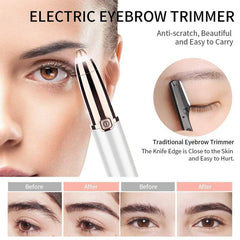 Electric eyebrow hair cut shaper being used on a brow, with before/after brow photos and traditional trimmer comparison graphic