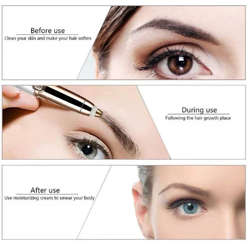 Step-by-step before, during, after eyebrow trimming guide showing use of a hair cut shaper