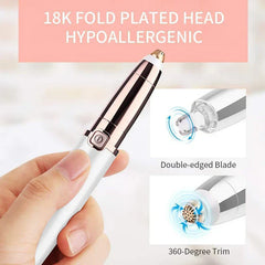 Hand holding gold and white hair cut shaper with close-ups of double-edged blade and 360-degree trim features