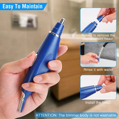 Maintenance steps for a blue electric nose hair trimmer: rotating to remove the head, rinsing the head, and reattaching it, with a body-not-washable warning
