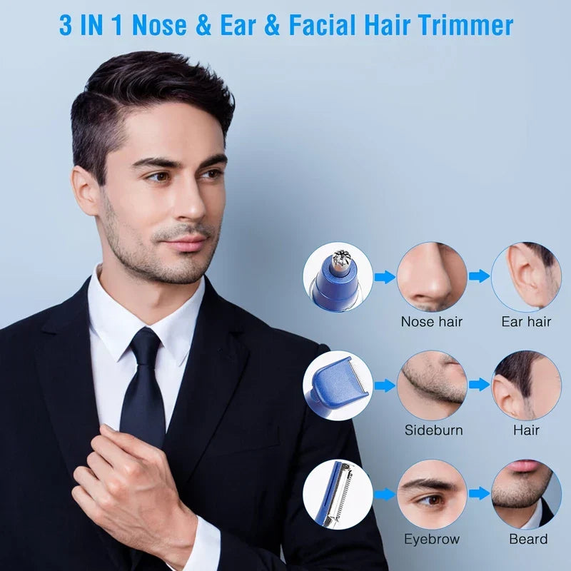 Three-in-one nose hair trimmer use guide, showing 3 interchangeable heads for nose, ear, facial, eyebrow, sideburn, and beard hair