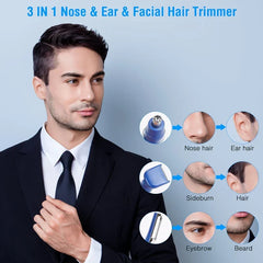 Three-in-one nose hair trimmer use guide, showing 3 interchangeable heads for nose, ear, facial, eyebrow, sideburn, and beard hair