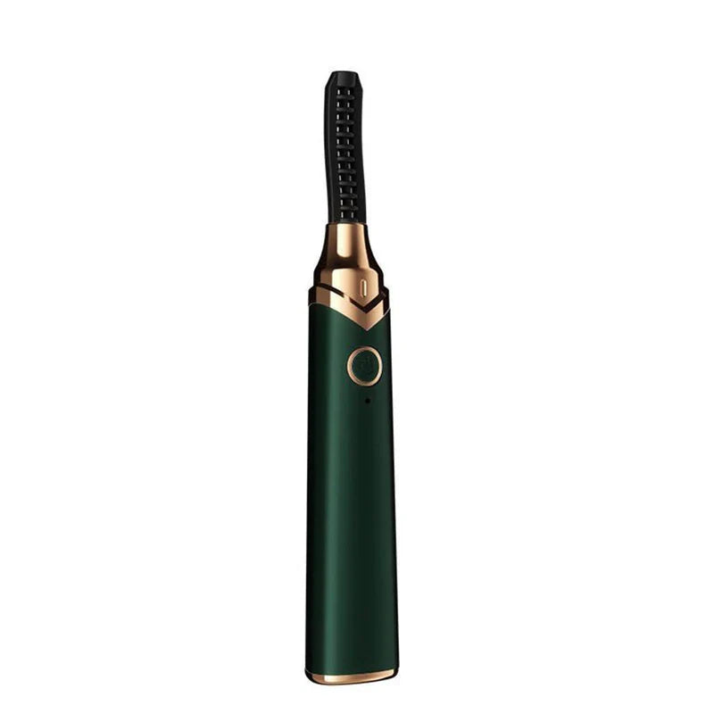 Dark green gold rechargeable heated eyelash curler on white background