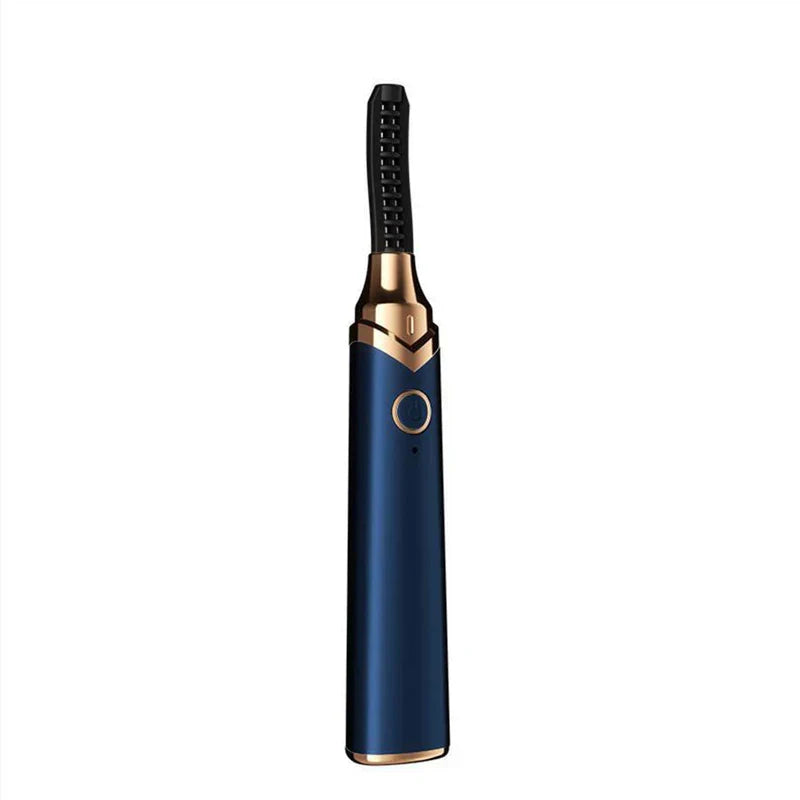 Blue and gold heated eyelash curler on white background