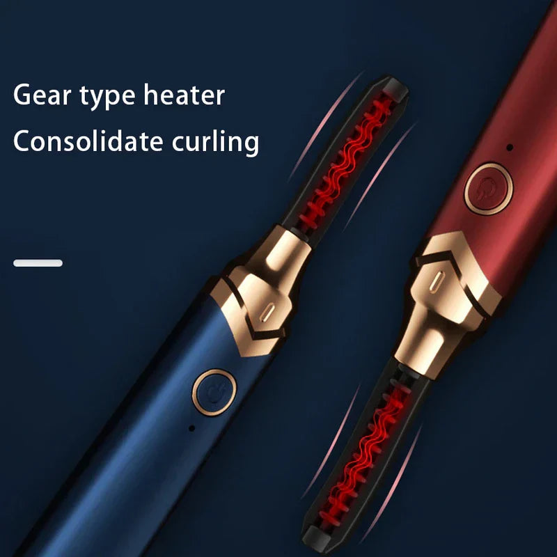 Blue and red gear-type heated eyelash curlers for long lash curling