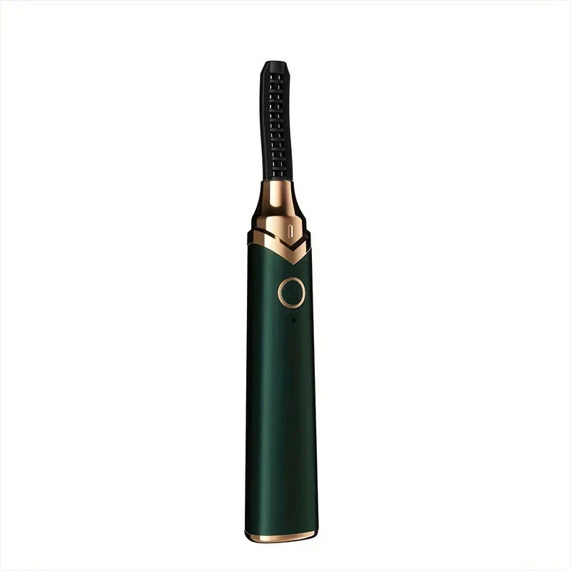 Dark green and gold electric eyelash curler with a brush-style heated tip