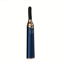 Navy blue and gold electric eyelash curler with a black comb tip, shown against a plain white background