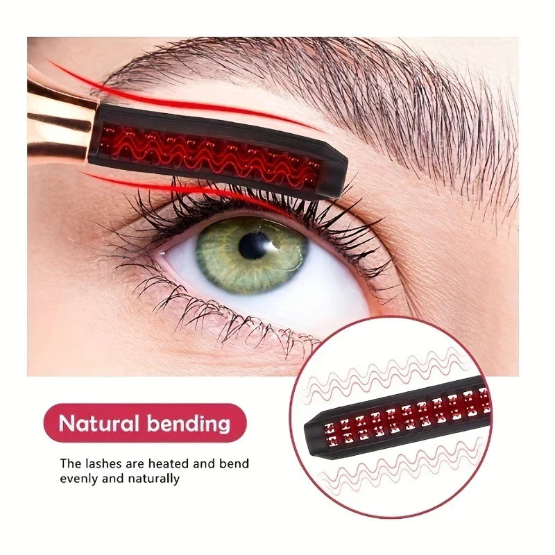 Red heated eyelash curler head held over an eye, with close-up of its wavy heating element and 'Natural bending' text
