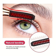 Red heated eyelash curler head held over an eye, with close-up of its wavy heating element and 'Natural bending' text