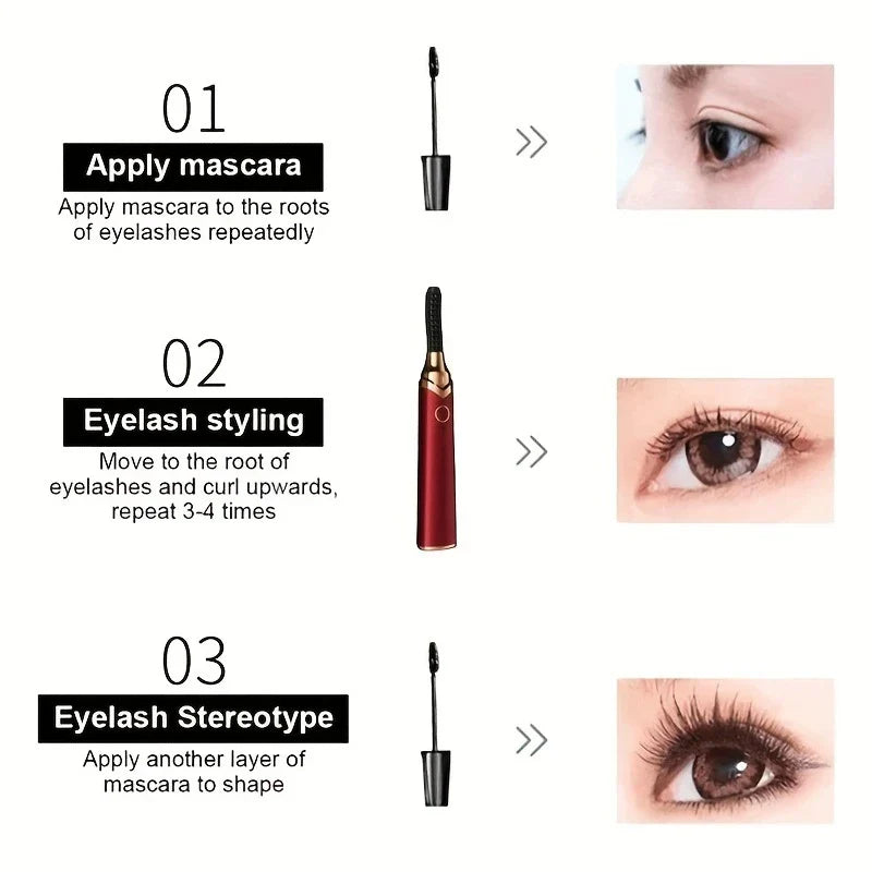 Three-step eyelash curler use guide: apply mascara, curl lashes, reapply mascara for defined lashes