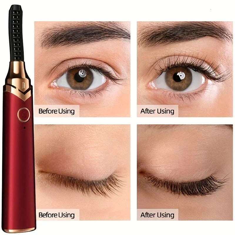 Red gold heated eyelash curler beside before/after eye photos showing curled lashes post-use