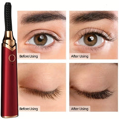 Red gold heated eyelash curler beside before/after eye photos showing curled lashes post-use