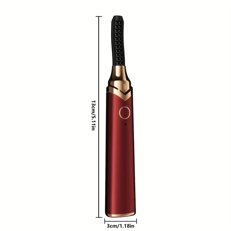 Red and gold electric eyelash curler with size dimensions labeled 13cm tall, 3cm wide