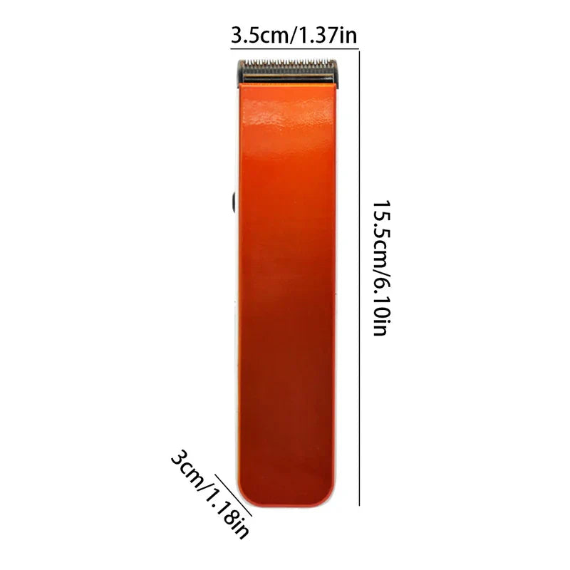 Orange rectangular hair clipper trimmer with labeled dimensions: 15.5cm height, 3.5cm top width, 3cm bottom width