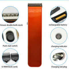 Orange hair clipper trimmer surrounded by six labeled callouts: blade, switch, limit combs, battery, charging indicator, charging plug