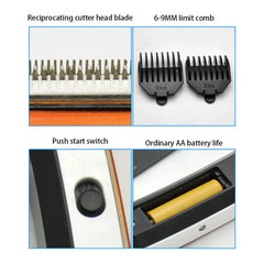 Four-panel view of a hair clipper trimmer: reciprocating blade, 6-9mm limit combs, push switch, AA battery compartment