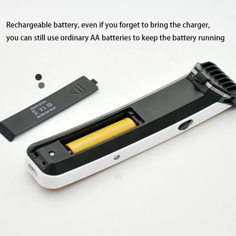 Hair clipper trimmer with open battery compartment showing a yellow battery, black battery cover placed beside it on white background