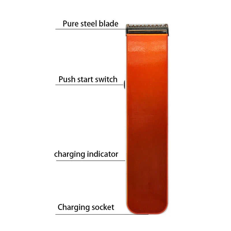 Orange hair clipper trimmer with labeled parts: pure steel blade, push start switch, charging indicator, charging socket on white background