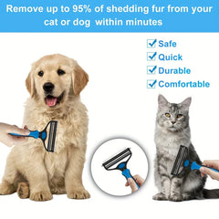Deshedding brush being used on a golden retriever puppy and a tabby cat, with feature checkboxes